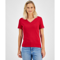 Tommy Hilfiger 'Embellished V-Neck Cotton T-Shirt' pour Femmes