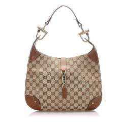 Gucci B Gucci Brown Beige Canvas Fabric GG Nailhead New Jackie Shoulder Bag Italy