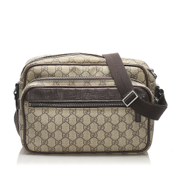 Gucci B Gucci Brown Beige Coated Canvas Fabric GG Supreme Crossbody Bag Italy