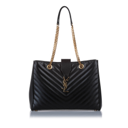 Saint Laurent B YSL Black Calf Leather Chevron Monogram Shopper Tote Bag Italy