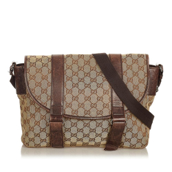 Gucci B Gucci Brown Beige Canvas Fabric GG Crossbody Bag Italy