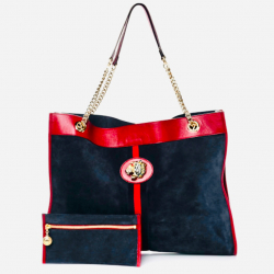 Gucci Suede Calfskin Large Rajah Chain Tote New Blue Romantic Cherry Bag