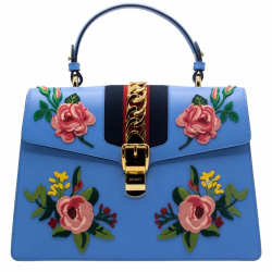 Gucci Sylvie Top Handle Bag Blue Leather Floral Embroidered Medium