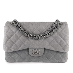 Chanel Jumbo Classic Double Flap Grey Caviar Leather Silver