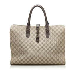 Gucci B Gucci Brown Beige Coated Canvas Fabric GG Supreme Jackie Tote Italy