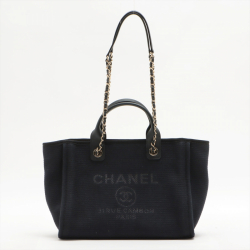 Chanel Deauville Canvas & Leather Chain Bag 2-way Black Gold Champagne Hardware