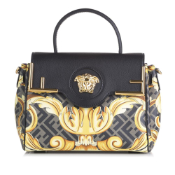 Versace A Versace Black with Gold Calf Leather Medium La Medusa Top Handle Bag Italy