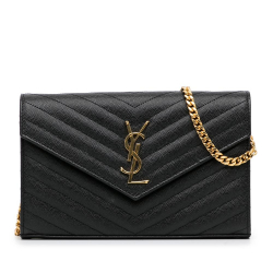 Saint Laurent A Saint Laurent Black Calf Leather Matelassé Chevron Monogram Envelope Chain Wallet Italy