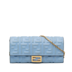 Fendi B Fendi Blue Light Blue Calf Leather Zucca Embossed Wallet on Chain Italy