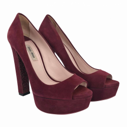 Miu Miu peeptoe platform heels in maroon suede with crystal heels