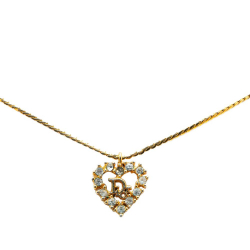 Christian Dior AB Dior Gold Gold Plated Metal Logo Rhinestones Heart Pendant Necklace Italy