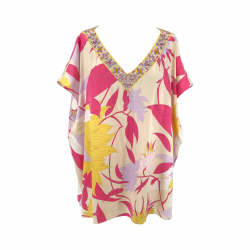 Emilio Pucci beach top in pink & yellow flower print silk & crystals