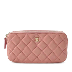 Chanel AB Chanel Pink Light Pink Lambskin Leather Leather CC Lambskin Double Zip Wallet on Chain Italy