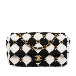 Chanel AB Chanel Black with White Satin Fabric Medium Métiers D’Art Checkered Embellished Flap France