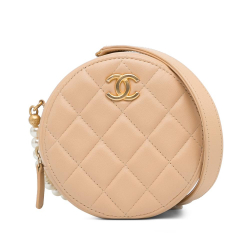 Chanel AB Chanel Brown Light Beige Calf Leather Quilted skin Pearl Round Clutch With Chain Italy