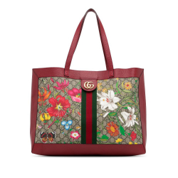 Gucci AB Gucci Brown Beige Coated Canvas Fabric Medium GG Supreme Flora Soft Ophidia East West Tote Italy