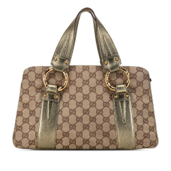 Gucci B Gucci Brown Beige with Gold Canvas Fabric GG Metal Bamboo Handbag Italy