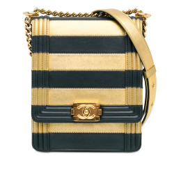 Chanel B Chanel Gold Lambskin Leather Leather Metallic Lambskin Striped North South Boy Flap Italy
