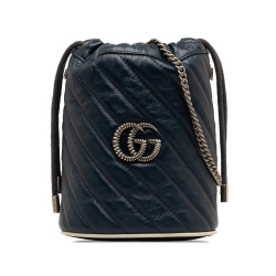 Gucci AB Gucci Blue Navy Calf Leather Mini Torchon GG Marmont Bucket Bag Italy