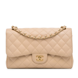 Chanel B Chanel Brown Light Beige Caviar Leather Leather Jumbo Classic Caviar Double Flap Italy