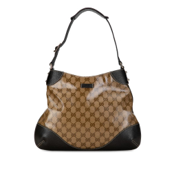 Gucci B Gucci Brown Coated Canvas Fabric GG Crystal Hobo Italy