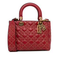 Christian Dior AB Dior Red Lambskin Leather Leather Medium Lambskin Cannage Studded Supple Lady Dior Italy