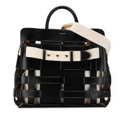 Burberry AB Burberry Black with White Ivory Calf Leather Medium Woven Belt Satchel Italy