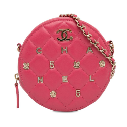 Chanel Pink Lambskin Leather Leather CC Quilted Lambskin Lucky Charms Round Clutch with Chain Italy