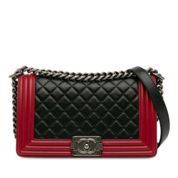 Chanel B Chanel Black with Red Lambskin Leather Leather Medium Bicolor Lambskin Boy Flap France