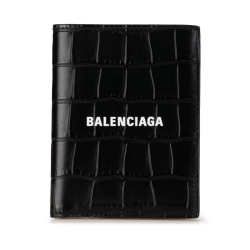 Balenciaga AB Balenciaga Black Calf Leather Croc Embossed Cash Vertical Bifold Wallet Italy