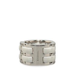 Chanel AB Chanel White with Silver 18K White Gold Metal Diamond Ceramic Ultra Wide Ring France