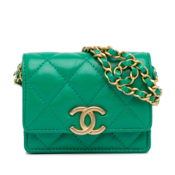 Chanel AB Chanel Green Lambskin Leather Leather CC Quilted Lambskin Clutch with Chain Italy