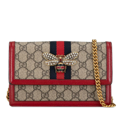 Gucci B Gucci Brown Beige with Red Coated Canvas Fabric GG Supreme Queen Margaret Wallet on Chain Italy