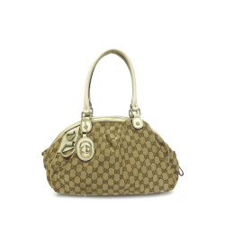 Gucci B Gucci Brown Beige with White Canvas Fabric GG Sukey Satchel Italy