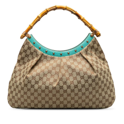 Gucci B Gucci Brown Beige with Blue Turquoise Canvas Fabric GG Bamboo Studded Handbag Italy