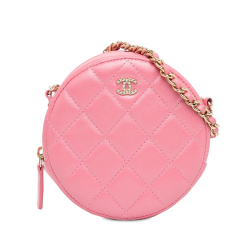 Chanel Pink Lambskin Leather Leather CC Quilted Lambskin Pearl Crush Round Clutch with Chain Italy