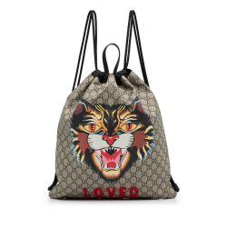 Gucci AB Gucci Brown Beige with Multi Coated Canvas Fabric GG Supreme Angry Cat Drawstring Backpack Italy