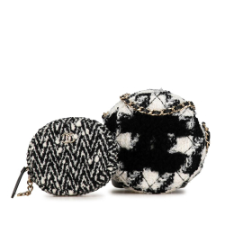 Chanel AB Chanel White with Black Tweed Fabric Shearling Round Clutch With Chain and Coin Purse Italy