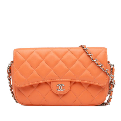 Chanel B Chanel Orange Lambskin Leather Leather Lambskin Flap Phone Holder with Chain Italy
