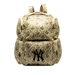 Gucci B Gucci Brown Beige Satin Fabric MLB Floral NY Yankees Patch Backpack Italy
