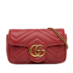 Gucci B Gucci Red Calf Leather Super Mini GG Marmont Matelasse Crossbody Bag Italy
