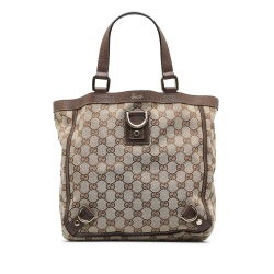 Gucci B Gucci Brown Beige Canvas Fabric GG Abbey D-Ring Handbag Italy