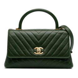 Chanel AB Chanel Green Dark Green Calf Leather Medium Aged skin Chevron Coco Handle Bag Italy