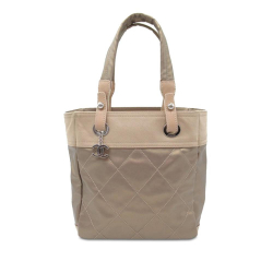 Chanel B Chanel Gold with Brown Beige Coated Canvas Fabric Small Paris-Biarritz Tote Italy