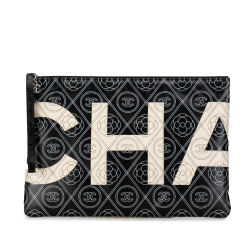 Chanel AB Chanel Black with White Coated Canvas Fabric Maxi Camellia Pouch Italy