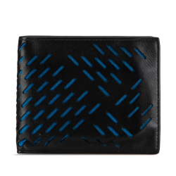 Bottega Veneta B Bottega Veneta Black with Blue Calf Leather Perforated Bifold Wallet Italy