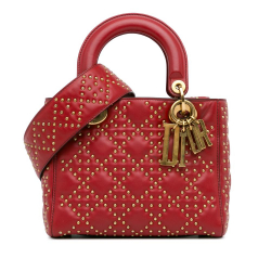 Christian Dior B Dior Red Lambskin Leather Leather Small Lambskin Cannage Studded Supple Lady Dior Italy