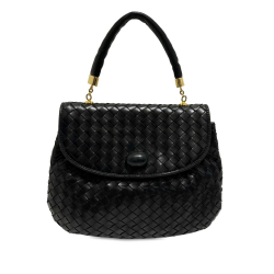 Bottega Veneta B Bottega Veneta Black Calf Leather Intrecciato Flap Handbag Italy