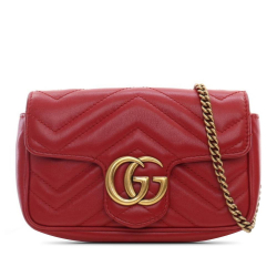 Gucci AB Gucci Red Calf Leather Super Mini GG Marmont Matelasse Crossbody Bag Italy