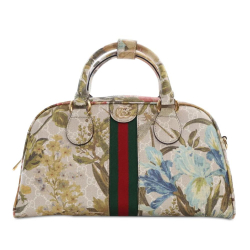 Gucci A Gucci Brown Light Beige with Multi Coated Canvas Fabric GG Supreme Ophidia Flora Satchel Italy